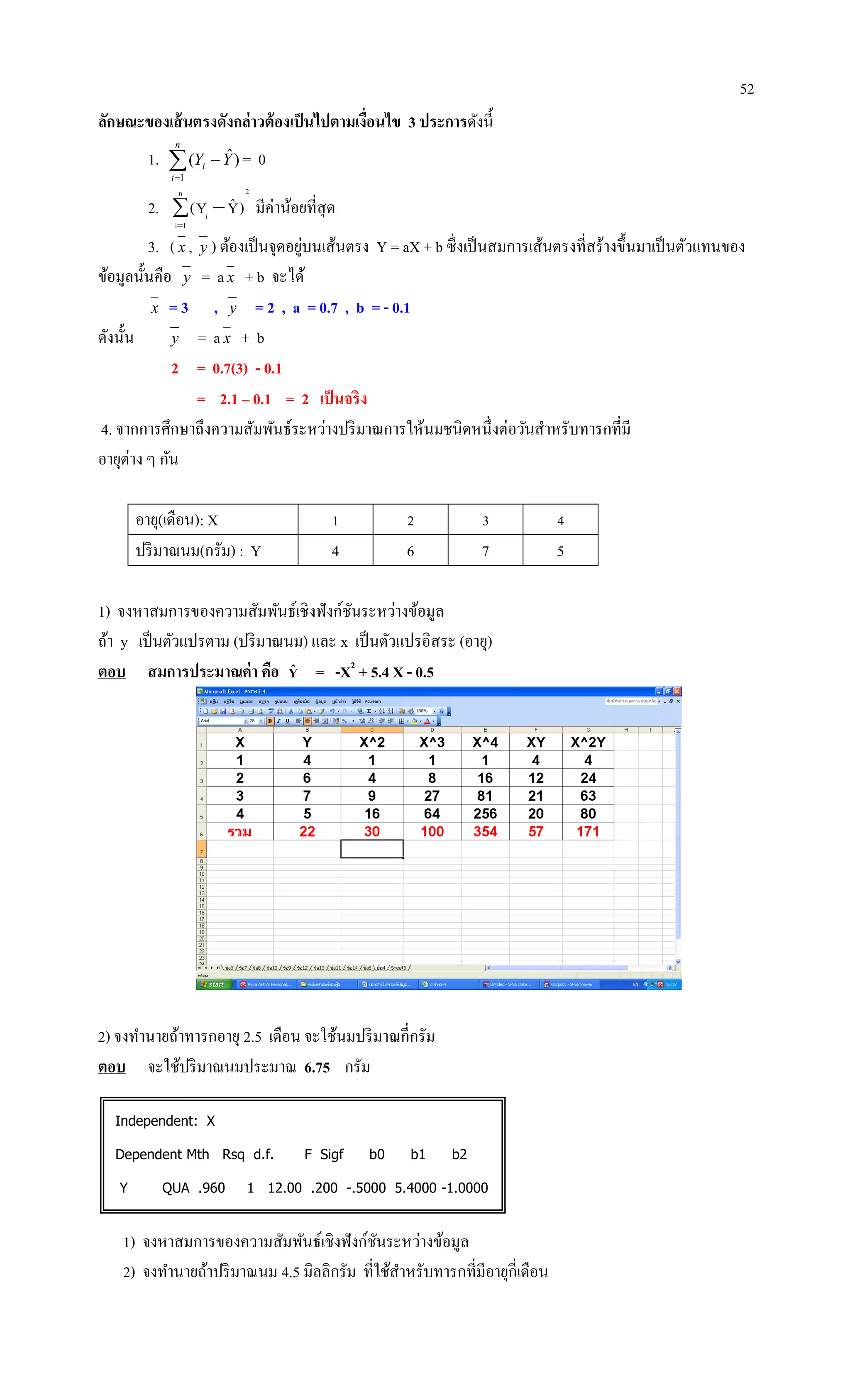 52
ลักษณะของเส้นตรงดังกล่าวต้องเป็นไปตามเงื่อนไข 3 ประการดังนี้
1. 

n
i
i YY
1
)ˆ( = 0
2.
2n
1i
i
)YˆY( 

มีค่าน้อยที่สุด
3. (x , y ) ต้องเป็นจุดอยู่บนเส้นตรง Y = aX + b ซึ่งเป็นสมการเส้นตรงที่สร้างขึ้นมาเป็นตัวแทนของ
ข้อมูลนั้นคือ y = ax + b จะได้
x = 3 , y = 2 , a = 0.7 , b = - 0.1
ดังนั้น y = a x + b
2 = 0.7(3) - 0.1
= 2.1 – 0.1 = 2 เป็นจริง
4. จากการศึกษาถึงความสัมพันธ์ระหว่างปริมาณการให้นมชนิดหนึ่งต่อวันสาหรับทารกที่มี
อายุต่าง ๆ กัน
อายุ(เดือน): X 1 2 3 4
ปริมาณนม(กรัม) : Y 4 6 7 5
1) จงหาสมการของความสัมพันธ์เชิงฟังก์ชันระหว่างข้อมูล
ถ้า y เป็นตัวแปรตาม (ปริมาณนม) และ x เป็นตัวแปรอิสระ (อายุ)
ตอบ สมการประมาณค่า คือ Yˆ = -X2
+ 5.4 X - 0.5
2) จงทานายถ้าทารกอายุ 2.5 เดือน จะใช้นมปริมาณกี่กรัม
ตอบ จะใช้ปริมาณนมประมาณ 6.75 กรัม
Independent: X
Dependent Mth Rsq d.f. F Sigf b0 b1 b2
Y QUA .960 1 12.00 .200 -.5000 5.4000 -1.0000
1) จงหาสมการของความสัมพันธ์เชิงฟังก์ชันระหว่างข้อมูล
2) จงทานายถ้าปริมาณนม 4.5 มิลลิกรัม ที่ใช้สาหรับทารกที่มีอายุกี่เดือน
 