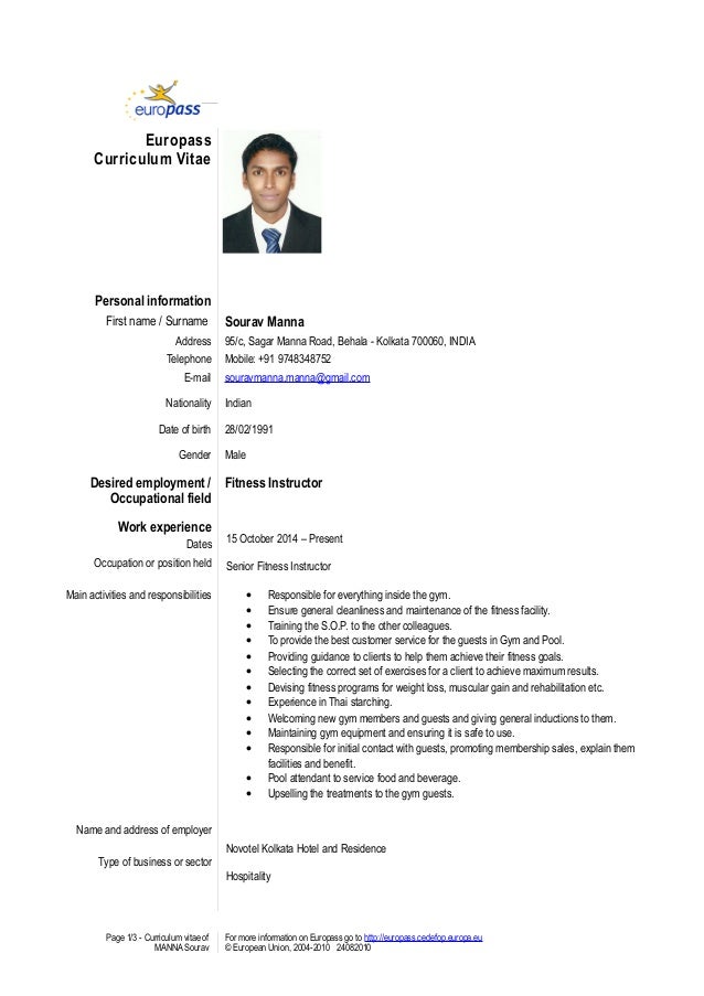 cv europass fitness instructor update2016 cv for gym instructor