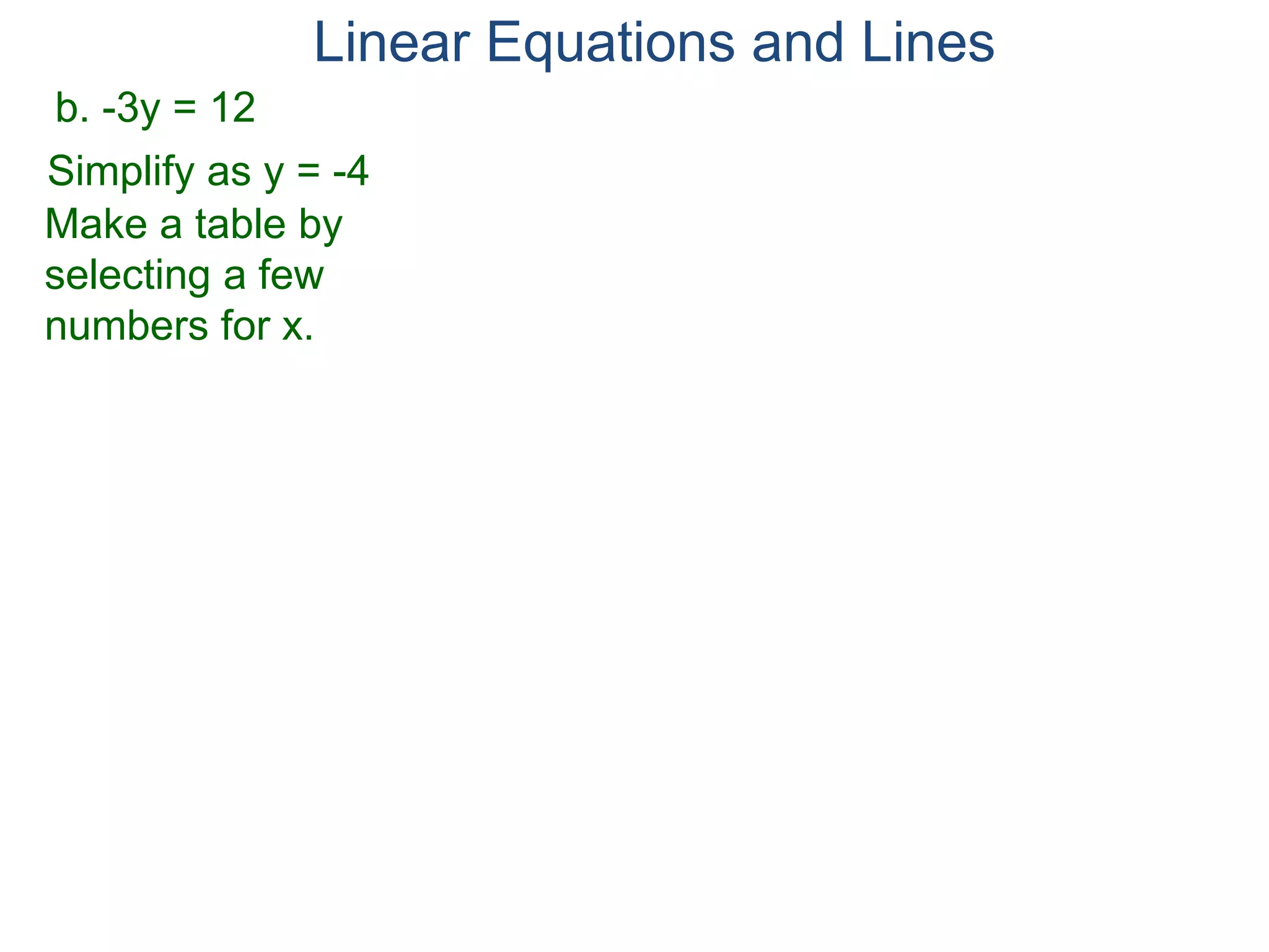 b. -3y = 12
Simplify as y = -4
Make a table by
selecting a few
numbers for x.
Linear Equations and Lines
 