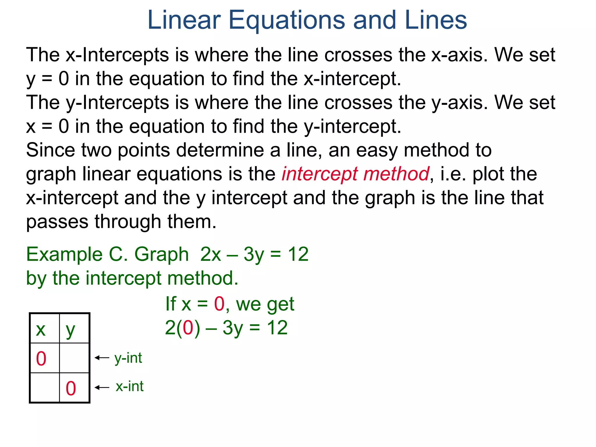 x y
0
0
The x-Intercepts is where the line crosses the x-axis. We set
y = 0 in the equation to find the x-intercept.
The y-Intercepts is where the line crosses the y-axis. We set
x = 0 in the equation to find the y-intercept.
y-int
x-int
Example C. Graph 2x – 3y = 12
by the intercept method.
Since two points determine a line, an easy method to
graph linear equations is the intercept method, i.e. plot the
x-intercept and the y intercept and the graph is the line that
passes through them.
If x = 0, we get
2(0) – 3y = 12
Linear Equations and Lines
 