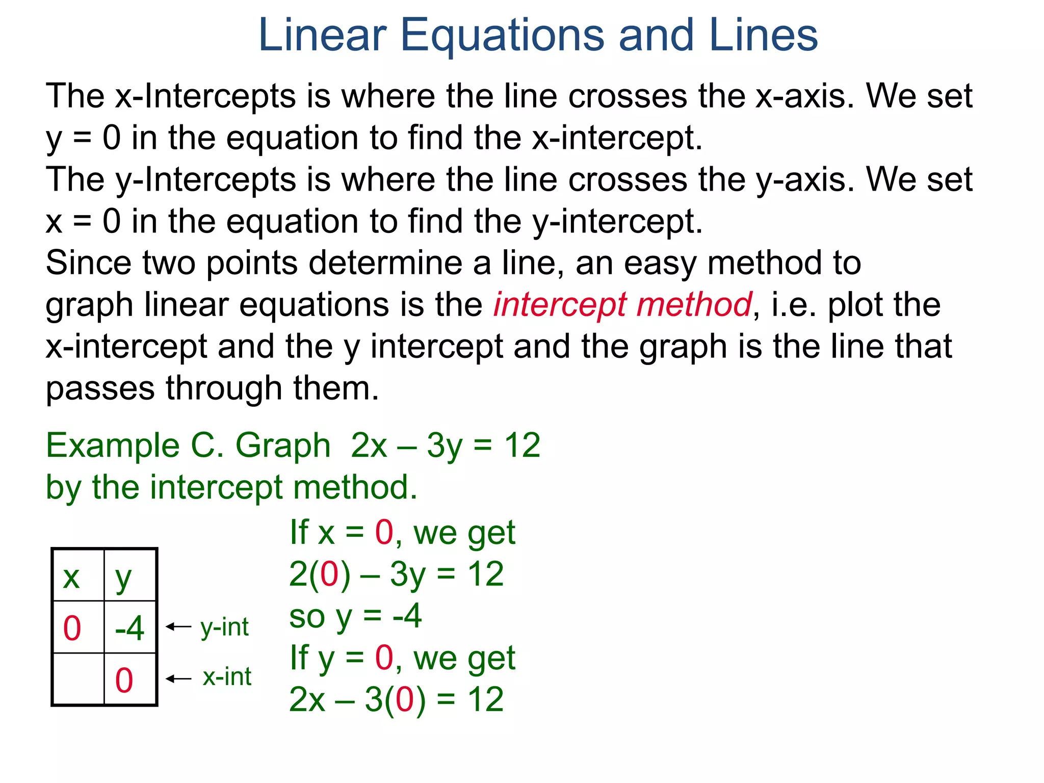 x y
0 -4
0
The x-Intercepts is where the line crosses the x-axis. We set
y = 0 in the equation to find the x-intercept.
The y-Intercepts is where the line crosses the y-axis. We set
x = 0 in the equation to find the y-intercept.
y-int
x-int
Example C. Graph 2x – 3y = 12
by the intercept method.
Since two points determine a line, an easy method to
graph linear equations is the intercept method, i.e. plot the
x-intercept and the y intercept and the graph is the line that
passes through them.
If x = 0, we get
2(0) – 3y = 12
so y = -4
If y = 0, we get
2x – 3(0) = 12
Linear Equations and Lines
 