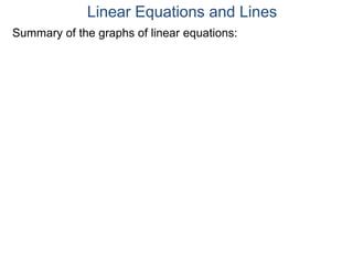Summary of the graphs of linear equations:
Linear Equations and Lines
 
