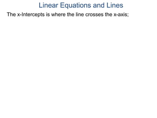 The x-Intercepts is where the line crosses the x-axis;
Linear Equations and Lines
 