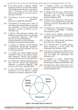 International Journal of Trend in Scientific Research and Development @ www.ijtsrd.com eISSN: 2456-6470
@ IJTSRD | Unique Paper ID – IJTSRD50050 | Volume – 6 | Issue – 4 | May-June 2022 Page 381
[10] R. M. Stock and M. A. Nguyen, “Robotic
psychology: What do we know about human-
robot interaction and what do we still need to
learn?” Proceedings of the 52nd Hawaii
International Conference on System Sciences,
2019, pp. 1936-1945.
[11] Z. R. Khavas, “A review on trust in human-
robot interaction,”
https://arxiv.org/pdf/2105.10045.pdf
[12] S. Gopinathan, S. K. Otting, and J. J. Steil, “A
user study on personalized stiffness control and
task specificity in physical human–robot
interaction,” Fronteirs in Robotics and AI,
November 2017.
[13] J. Marvel, “The cybernetic revolution: The
influence of metrology on the user experience
in human-robot interaction,” May 2019,
https://www.nist.gov/blogs/taking-
measure/cybernetic-revolution-influence-
metrology-user-experience-human-robot
[14] A. Thomaz, G. Hoffman, and M. Cakmak,
“Computational human-robot interaction,”
Foundations and Trends in Robotics, vol. 4, no.
2-3, 2013, pp. 105–223.
[15] A. A. Malik and A. Brem, “Digital twins for
collaborative robots: A case study in human-
robot interaction,” Robotics and Computer-
Integrated Manufacturing, vol. 68, April 2021.
[16] E. F. Villaronga, “Nothing comes between my
robot and me: Privacy and human-robot
interaction in robotised healthcare,” Data
Protection and Privacy, December 2018.
[17] L. Dez, Human-Robot Interaction Useful
Information in AI and Robotics: Artificial
Intelligence for Dummies. Blackwell’s, 2021.
[18] J. Carpenter, Culture and Human-Robot
Interaction in Militarized Spaces: A War Story.
Routledge, 2016.
[19] D. Zhang and B. Wei (eds.), Human–Robot
Interaction: Control, Analysis, and Design.
Newcastle upon Tyne, UK: Cambridge
Scholars Publishing, 2020.
[20] S. Kielser and P. Hinds (eds.), Human-robot
Interaction: A Special Double Issue of Human-
Computer Interaction. Boca Raton, FL: CRC
Press, 2004.
[21] C. Bartneck et al., Human-Robot Interaction -
An Introduction. Cambridge: Cambridge
University Press, 2020.
[22] T. Kanda and H. Ishiguro, Human-Robot
Interaction in Social Robotics. Boca Raton, FL:
CRC Press, 2011.
[23] X. Wang (ed.), Mixed Reality and Human-
Robot Interaction. Springer 2011.
[24] M. A. Goodrich and A. C. Schultz, Human-
Robot Interaction: A Survey. Delft, The
Netherlands Now Publishers, 2008.
[25] P. A. Lasota, T. Fong, and J. A. Shah, A Survey
of Methods for Safe Human-Robot Interaction.
Vol. 104. Delft, The Netherlands: Now
Publishers, 2017.
[26] P. Barattini et al.(eds.), Human-Robot
Interaction: Safety, Standardization, and
Benchmarking. Chapman and Hall/CRC, 2020.
[27] D. Coleman (ed.), Human-Robot Interactions:
Principles, Technologies and Challenges. Nova
Science Publishers, 2015.
Figure 1 The design space of robots [7].
 