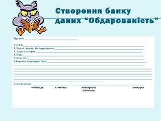 Створення банку
даних “Обдарованість”
РікРік ШкільнаШкільна
олімпіадаолімпіада
МіськаМіська
олімпіадаолімпіада
Всеукраїнські,Всеукраїнські,
міжнародніміжнародні
олімпіадиолімпіади
МАНМАН ВсеукраїнськіВсеукраїнські
конкурсиконкурси
Предмет ________________________________________
1. П.І.Б.__________________________________________________________________________________________
2. Число, місяць, рік народження __________________________________________________________________
3. Адреса,телефон _______________________________________________________________________________
4. Клас __________________________________________________________________________________________
5. Вчитель _______________________________________________________________________________________
6.Коротка характеристика __________________________________________________________________________
_________________________________________________________________________________________________
_______________________________________________________________________________________________________
_______________________________________________________________________________________________________
_______________________________________________________________________________________________________
_______________________________________________________________________________________________________
_______________________________________________________________________________________________________
___________________________________________________________________
7. Досягнення ____________________________________________________________________________________
 