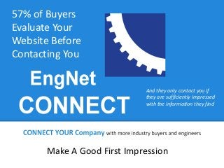 57% of Buyers
Evaluate Your
Website Before
Contacting You
And they only contact you if
they are sufficiently impressed
with the information they find

Make A Good First Impression

 