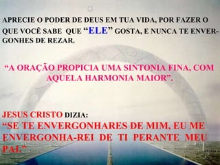 APRECIE O PODER DE DEUS EM TUA VIDA, POR FAZER O QUE VOCÊ SABE  QUE  “ ELE ”  GOSTA, E NUNCA TE ENVER- GONHES DE REZAR. “ A ORAÇÃO PROPICIA UMA SINTONIA FINA, COM AQUELA HARMONIA MAIOR”. JESUS CRISTO  DIZIA: “ SE TE ENVERGONHARES DE MIM, EU ME ENVERGONHA-REI  DE  TI  PERANTE  MEU PAI.” 