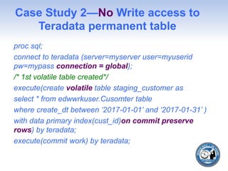 Case Study 2—No Write access to
Teradata permanent table
proc sql;
connect to teradata (server=myserver user=myuserid
pw=mypass connection = global);
/* 1st volatile table created*/
execute(create volatile table staging_customer as
select * from edwwrkuser.Cusomter table
where create_dt between ‘2017-01-01’ and ‘2017-01-31’ )
with data primary index(cust_id)on commit preserve
rows) by teradata;
execute(commit work) by teradata;
 