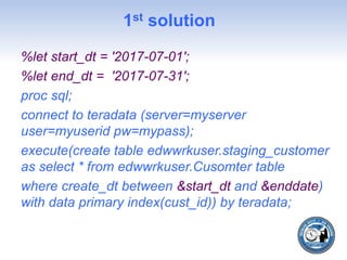 1st solution
%let start_dt = '2017-07-01';
%let end_dt = '2017-07-31';
proc sql;
connect to teradata (server=myserver
user=myuserid pw=mypass);
execute(create table edwwrkuser.staging_customer
as select * from edwwrkuser.Cusomter table
where create_dt between &start_dt and &enddate)
with data primary index(cust_id)) by teradata;
 