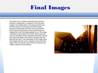 Final Images
• The reason why I chosen to talk about this picture is
because I actually like it, it stands out from the other
images I have talked about I was happy that this was
the final outcome of the picture during the editing
because it looks great it reminds me of summertime
early in the morning during sunrise and the birds are
singing that’s why this image appeals to me. The image
I will have to say is well in focus and I did not worry as
much on the depth of field because it looks fine I did not
think about the depth on this shot I just took it like that
play with the focus. The composition of the image is fine
and straight and this is how I wanted to take it from this
angle. And I can see the rule of thirds by looking at the
image it splits into three sections.
 