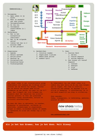 [powered by new shoes today]
Als je het kan dromen, kan je het doen. Walt Disney
Samenvatting :
1. Verzamelen
1. Open zaken in je
hoofd
2. Waar je aandacht
aan vast plakt
3. Verzamelplaatsen
4. On the run
5. verzamelen
consolideren in 1
inbox
2. Verhelderen
1. Wat is het
succesvolle
resultaat?
2. Wat is de volgende
actie?
3. Indien het kan in 2
minuten DOEN
4. Is een project?
3. Organiseren
1. Agenda
2. Extern systeem
3. Actielijsten
4. Wachten op
5. Projectenlijst
6. Misschien/Later
7. Ticklersysteem
4. Herbekijken
1. Intuitie voeden
2. Dagelijkse lijstjes
3. Wekelijkse acties
4. Andere cycli
5. Doen
1. Soorten Werk
1. Ad-hoc
2. Vooraf bepaald
3. Acties bepalen
2. Hoe kiezen uit vooraf
bepaald
1. Context
2. Energie
3. Tijd
4. Hefboom
new shoes today is een internationale groep
ondernemers die vandaag een bijdrage willen
leveren aan de wereld van morgen. Sterker
die de wereld van morgen mede willen
vormgeven op een manier die past bij de 21ste
eeuw. Een tijdperk dat zich volgens ons
kenmerkt door het wegvallen van allerlei
soorten grenzen; en door een groeiende
samenhang tussen economische, sociale en
culturele ontwikkelingen.
We doen dat door te adviseren, te coachen,
producten te ontwikkelen, artikelen te
schrijven, ontmoetingen te organiseren,
dingen te maken, bijzondere mensen of ideeën
te sponsoren en alles wat verder nog in ons
opkomt.
De ondernemers van new shoes today zijn
iedere dag weer bezig om de weg naar morgen
aan te leggen. The road to creation,
innovation and change. En daarmee zijn we
altijd in beweging, in ontwikkeling, en is
ons werk eigenlijk non stop in uitvoering.
Onze waarden:
Today, transparant, in verbinding, gedreven,
plezier en echt.
www.newshoestoday.com
 