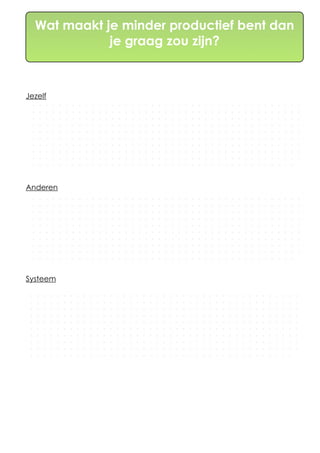 Wat maakt je minder productief bent dan
je graag zou zijn?
Jezelf
Anderen
Systeem
 