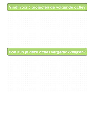 Vindt voor 5 projecten de volgende actie?
Hoe kun je deze acties vergemakkelijken?
 