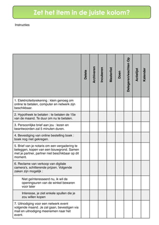 Zet het item in de juiste kolom?
1. Elektriciteitsrekening : klein genoeg om
online te betalen, computer en netwerk zijn
beschikbaar.
2. Hypotheek te betalen : te betalen de 15e
van de maand. Te duur om nu te betalen.
3. Persoonlijke brief aan jou : lezen en
beantwoorden zal 5 minuten duren.
4. Bevestiging van online bestelling boek :
boek nog niet gekregen.
5. Brief van je notaris om een vergadering te
beleggen, kopen van een bouwgrond. Samen
met je partner, partner niet beschikbaar op dit
moment.
6. Reclame van verkoop van digitale
camera's, schitterende prijzen. Volgende
zaken zijn mogelijk :
Niet geïnteresseerd nu, ik wil de
openingsuren van de winkel bewaren
voor later
Interesse, je ziet enkele spullen die je
zou willen kopen
7. Uitnodiging voor een netwerk event
volgende maand. Je zal gaan, bevestigen via
mail en uitnodiging meenemen naar het
event.
Delete
Archiveren
Incuberen
Masterlist
Doen
Delegeren/wachtenOp
Actielijst
Kalender
Instructies
 