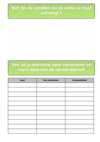 Wat zijn de kanalen via de welke je input
ontvangt ?
Hoe zal je relevante input verzamelen en
wat is daarvoor de verzamelplaats
Input Hoe verzamelen Verzamelplaats
 