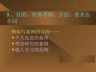 3 、目的、任务不同，方法、要求也不同 例如写案例的目的—— 个人反思的载体 理论研究的素材 他人学习的范例 