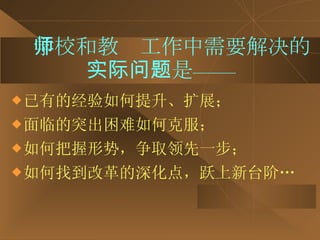 学校和教师工作中需要解决的 实际问题是—— 已有的经验如何提升、扩展； 面临的突出困难如何克服； 如何把握形势，争取领先一步； 如何找到改革的深化点，跃上新台阶… 