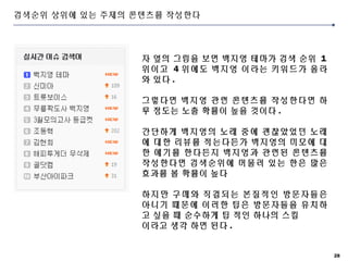 28
검색순위 상위에 있는 주제의 콘텐츠를 작성한다
자 옆의 그림을 보면 백지영 테마가 검색 순위 1
위이고 4 위에도 백지영 이라는 키워드가 올라
와 있다 .
그렇다면 백지영 관련 콘텐츠를 작성한다면 하
루 정도는 노출 확률이 높을 것이다 .
간단하게 백지영의 노래 중에 괜찮았었던 노래
에 대한 리뷰를 적는다든가 백지영의 미모에 대
한 얘기를 한다든지 백지영과 관련된 콘텐츠를
작성한다면 검색순위에 머물러 있는 한은 많은
효과를 볼 확률이 높다
하지만 구매와 직결되는 본질적인 방문자들은
아니기 때문에 이러한 팁은 방문자들을 유치하
고 싶을 때 순수하게 팁 적인 하나의 스킬
이라고 생각 하면 된다 .
 