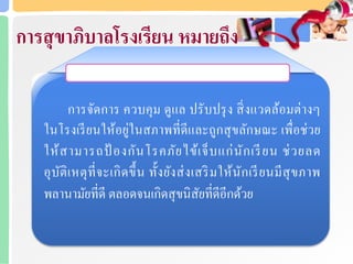 การสุขาภิบาลโรงเรียน หมายถึง
การจัดการ ควบคุม ดูแล ปรับปรุง สิ่งแวดล้อมต่างๆ
ในโรงเรียนให้อยู่ในสภาพที่ดีและถูกสุขลักษณะ เพื่อช่วย
ให้สามารถป้ องกันโรคภัยไข้เจ็บแก่นักเรียน ช่วยลด
อุบัติเหตุที่จะเกิดขึ้น ทั้งยังส่งเสริมให้นักเรียนมีสุขภาพ
พลานามัยที่ดี ตลอดจนเกิดสุขนิสัยที่ดีอีกด้วย
 