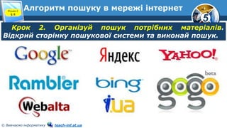 5
© Вивчаємо інформатику teach-inf.at.ua
Алгоритм пошуку в мережі інтернетРозділ 2
§ 8
Крок 2. Організуй пошук потрібних матеріалів.
Відкрий сторінку пошукової системи та виконай пошук.
 