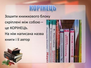 Зошити книжкового блоку
скріплені між собою –
це КОРІНЕЦЬ.
На нім написана назва
книги і її автор
 
