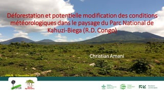 GCS-REDD+: DRC updates and future plan
Christian Amani
18 May 2022
Déforestation et potentielle modification des conditions
météorologiques dans le paysage du Parc National de
Kahuzi-Biega (R.D. Congo)
ChristianAmani
UNIKIN, 12 December 2022
 