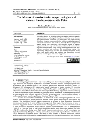 The influence of perceive teacher support on high school students ...