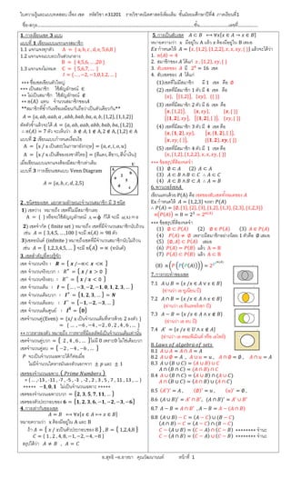 อ.สุทธิ–อ.อารยา คุณวัฒนานนท์ หน้าที 1
ใบความรู้และแบบทดสอบ เรือง เซต รหัสวิชา ค31201 รายวิชาคณิตศาสตร์เพิมเติม ชั นมัธยมศึกษาปีที4 ภาคเรียนที1
ชือ-สกุล……………………………………………………………………………………….…………………………ชั น……………..…….เลขที…………....
.การเขียนเซต แบบ
แบบที เขียนแบบแจกแจงสมาชิก
1.1 แจกแจงทุกตัว A = { a, b, c , d,e, 5,6,8 }
1.2 แจกแจงแบบละเว้นส่วนกลาง
B = { 4,5,6, … ,20 }
1.3 แจกแจงไม่หมด C = { 5,6,7, … }
= {… , −2, −1,0,1,2, … }
∗∗∗ ชือเซตเขียนตัวใหญ่
∗∗∗ เป็นสมาชิก ใช้สัญลักษณ์ ∈
∗∗ ไม่เป็นสมาชิก ใช้สัญลักษณ์ ∉
∗∗ n(A) แทน จํานวนสมาชิกของ
**สมาชิกทีซํ ากันหรือเหมือนกันถือว่าเป็นตัวเดียวกัน**
= { , , , , , , , , , {1,2}, {1,1,2}}
ตัดตัวซํ าแล้วจะได้ = { , , , , , , {1,2}}
∴ ( ) = 7 ตัว จะเห็นว่า ∉ , 1 ∉ A,2 ∉ A, {1,2} ∈ A
แบบที เขียนแบบกําหนดเงือนไข
A = x / x เป็นสระในภาษาอังกฤษ = { , , , , }
A = x / x เป็นสีของธงชาติไทย = {สีแดง, สีขาว, สีนํ าเงิน}
เมือเขียนแบบแจกแจงต้องมีสมาชิกเท่าเดิม
แบบที การเขียนเซตแบบ Venn Diagram
= { , , , , 2,5}
. ชนิดของเซต แยกตามลักษณะจํานวนสมาชิก มี 3 ชนิด
) เซตว่าง หมายถึง เซตทีไม่มีสมาชิกเลย
A = { } หรือจะใช้สัญญลักษณ์ A ก็ได้ จะมี 0)A(n 
) เซตจํากัด ( finite set ) หมายถึง เซตทีมีจํานวนสมาชิกนับถ้วน
เช่น = { 3,4,5, … ,100 } จะมี ( ) = 98 ตัว
)เซตอนันต์ (infinite ) หมายถึงเซตทีมีจํานวนสมาชิกนับไม่ถ้วน
เช่น = { 1,2,3,4,5, … } จะมี ( ) = ∝ (อนันต์)
.เซตสําคัญทีควรรู้จัก
เซต จํานวนจริง ∶ = { /−∝< <∝ }
เซต จํานวนจริงบวก ∶ +
= { / > 0 }
เซต จํานวนจริงลบ ∶ −
= { / < 0 }
เซต จํานวนเต็ม ∶ = {… , − , − , − , , , , , … }
เซต จํานวนเต็มบวก ∶ +
= { , , , … } =
เซต จํานวนเต็มลบ ∶ −
= {− , − , − , … }
เซต จํานวนเต็มศูนย์ ∶ = { }
เซตจํานวนคู่(Even) = {x/ x เป็นจํานวนเต็มทีหารด้วย 2 ลงตัว }
= { … , −6 , −4 , −2 , 0 , 2 , 4 , 6 , … }
∗∗ การหารลงตัว หมายถึง การหารทีมีผลลัพธ์เป็นจํานวนเต็มเท่านั น
เซตจํานวนคู่บวก = { 2 , 4 , 6 , … }ไม่มี 0 เพราะ0 ไม่ใช่เต็มบวก
เซตจํานวนคู่ลบ = { −2 , −4 , −6 , … }
จะเป็นจํานวนเฉพาะได้ก็ต่อเมือ
ไม่มีจํานวนใดหารมันลงตัวนอกจาก ± และ ± 1
เซตของจํานวนเฉพาะ ( )
= { … ,-13 , -11 , -7 , -5 , -3 , -2 , 2 , 3 , 5 , 7 , 11 , 13 , … }
∗∗∗∗∗ − , , ไม่เป็นจํานวนเฉพาะ ∗∗∗∗∗
เซตของจํานวนเฉพาะบวก = { , , , , , … }
เซตของตัวประกอบของ = { , , , , − , − , − , − }
.การเท่ากันของเซต
= ⟷ ∀ [ ∈ ⟷ ∈ ]
หมายความว่า x ต้องมีอยู่ใน A และ B
ถ้า = { / เป็นตัวประกอบของ 8 } , = { 1,2,4,8 }
= { 1 , 2 , 4, 8, −1, −2, −4, −8 }
สรุปได้ว่า ≠ , =
. การเป็นสับเซต ⊂ ⟷ ∀ [ ∈ → ∈ ]
หมายความว่า x มีอยู่ใน A แล้ว ต้องมีอยู่ใน B เสมอ
กําหนดให้ = { , {1,2}, {1,2,2}, , , , { }} แล้วจะได้ว่า
1. ( ) = 4
2. สมาชิกของ ได้แก่ , {1,2}, , { }
3. สับเซตของ มี 2 = 16 เซต
4. สับเซตของ ได้แก่
(1)เซตทีไม่มีสมาชิก มี 1 เซต คือ ∅
(2) เซตทีมีสมาชิก 1 ตัว มี 4 เซต คือ
{ }, {1,2} , { }, {{ }}
(3) เซตทีมีสมาชิก 2 ตัว มี 6 เซต คือ
,{1,2} , { , }, { ,{ }}
{ , }, , { , },{ } , { , { }}
(4) เซตทีมีสมาชิก 3 ตัว มี 4 เซต คือ
{ ,{ , }, }, ,{ , },{ } ,
, , { } , {{ , }, ,{ }}
(5) เซตทีมีสมาชิก 4 ตัว มี 1 เซต คือ
{ , {1,2}, {1,2,2}, , , , { }}
∗∗∗ ข้อสรุปทีต้องจดจํา
(1) ∅ ⊂ (2) ⊂
(3) ⊂ ∧ ⊂ ∴ ⊂
(4) ⊂ ∧ ⊂ ∴ =
6. พาวเวอร์เซต
เขียนแทนด้วย P(A) คือ เซตของสับเซตทั งหมดของ
Ex กําหนดให้ = {1,2,3} จงหา ( )
∴ ( ) = {∅,{1}, {2}, {3}, {1,2}, {1,3}, {2,3}, {1,2,3}}
( ) = 8 = 2 = 2 ( )
∗∗∗ ข้อสรุปทีต้องจดจํา
(1) ∅ ⊂ ( ) (2) ∅ ∈ ( ) (3) ∈ ( )
(4) ( ) ≠ ∅ เพราะมีสมาชิกอย่างน้อย 1 ตัวคือ ∅ เสมอ
(5) {∅, } ⊂ ( ) เสมอ
(6) ( ) = ( ) แล้ว A = B
(7) ( ) ⊂ ( ) แล้ว A ⊂ B
(8) ( ) = 2
( )
7. การกระทําของเซต
7.1 ∪ = { / ∈ ∨ ∈ }
(อ่านว่า เอ ยูเนียน บี)
7.2 ∩ = { / ∈ ∧ ∈ }
(อ่านว่า เอ อินเทอร์เซก บี)
7.3 − = { / ∈ ∧ ∉ }
(อ่านว่า เอ ลบ บี)
7.4 = { / ∈ ∧ ∉ }
(อ่านว่า เอ คอมพีเม้นต์ หรือ เอไพร์)
8.
8.1 ∪ = ∩ =
8.2 ∪ ∅ = , ∪ = , ∩ ∅ = ∅ , ∩ =
8.3 ∪ ( ∪ ) = ( ∪ ) ∪
∩ ( ∩ ) = ( ∩ ) ∩
8.4 ∪ ( ∩ ) = ( ∪ ) ∩ ( ∪ )
∩ ( ∪ ) = ( ∩ ) ∪ ( ∩ )
8.5 ( ) = , (∅) = , ( ) = ∅ ,
8.6 ( ∪ ) = ∩ , ( ∩ ) = ∪
8.7 − = ∩ , − = − ( ∩ )
8.8 ( ∪ ) − = ( − ) ∪ ( − )
( ∩ ) − = ( − ) ∩ ( − )
− ( ∪ ) = ( − ) ∩ ( − ) ∗∗∗∗∗∗∗∗ จํานะ
− ( ∩ ) = ( − ) ∪ ( − ) ∗∗∗∗∗∗∗∗ จํานะ
 