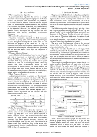 ISSN: 2277 – 9043
                            International Journal of Advanced Research in Computer Science and Electronics Engineering
                                                                                        Volume 1, Issue 6, August 2012

                     IV. RELATED WORK                                                 V. PROPOSED METHOD
4.1 Keyword Extraction Algorithm:                                     The proposed method will work on the aliases and get the
   Keyword extraction algorithm that applies to a single           association orders between name and aliases to help search
document without using a corpus was proposed by Matsuo,            engine tag those aliases according to the orders such as first
Ishizuka [10]. Frequent terms are extracted first, and then a      order associations, second order associations…etc so as to
set of co-occurrences between each term and the frequent           substantially increase the Recall and Mean Reciprocal Rank
terms, i.e., occurrences in the same sentences, are generated.     (MRR) of the search engine while searching made on person
Co-occurrence distribution showed the importance of a term         names.
in the document. However, this method only extracts a                 The MRR applies to the binary relevance task: for a given
keyword from a document but not correlate any more                 query, any returned document is labeled ―relevant‖ or ―not
documents using anchor texts-based co-occurrence                   relevant‖, and if ri is the rank of the highest ranking relevant
frequency.                                                         document for the ith query, then the reciprocal rank measure
4.2 Transitive Translation Approach:                               for that query is 1r and the MRR is just the reciprocal rank,
   Transitive translation approach to find translation                                   i
equivalents of query terms and constructing multilingual           of the search engine for a given sample of queries is that the
lexicons through the mining of web anchor texts and link           average of the reciprocal ranks for each query.
structures was proposed by Lu, Chien and Lee [11]. The                The term word Co-Occurrence refers to the temporal
translation equivalents of a query term can be extracted via its   property of the two words occurring at the same web page or
translation in an intermediate language. However this method       same document on the web.
did not associate anchor texts using the definition of                The Anchor Text is the clickable text on web pages, which
co-occurrences.                                                    points to a particular web document. Moreover the anchor
4.3 Feature Selection Method:                                      texts are used by search engine algorithms to provide relevant
   A novel feature selection method based on part-of-speech        documents for search results because they point to the web
and word co-occurrence was proposed by Liu, Yu, Deng,              pages that are relevant to the user queries. So the anchor texts
Wang, Bian[12]. According to the components of Chinese             will be helpful to find the strength of association between two
document text, they utilized the word’s part-of-speech             words on the web.
attributes to filter lots of meaningless terms. Then they             The anchor texts-based co-occurrence means that the two
defined and used co-occurrence words by their                      anchor texts from the different web pages point to the same
part-of-speech to select features. The results showed that         URL on the web. The anchor texts which point to the same
their method can select better features and get a more             URL are called as inbound anchor texts [9]. The proposed
pleasant clustering performance. However, this method does         method will find the anchor texts-based co-occurrences
not use anchor texts-based co-occurrences on words.                between name and aliases using co-occurrence statistics and
4.4 Data Treatment Strategy:                                       will rank the name and aliases by Support Vector Machine
   A data treatment strategy to generate new discriminative        (SVM) according to the co-occurrence measures in order to
features, called compound-features(c-features) for the sake        get connections among name and aliases for drawing the
of text classification was proposed by Figueiredo et al. [13].     word co-occurrence graph.
These c-features are composed by terms that co-occur in
documents without any restrictions on order or distance
between terms within a document. This strategy precedes the
classification task, in order to enhance documents with
discriminative c-features. This method extracts only a
keyword from a document but not correlate any more
documents using anchor texts.
      Anchor Texts         x         C - {x}        C
            p               k           n-k           N
         V-{P}            K-k       N-n-k+K          N-n
         V-{P}              k          N-K            N
     Table 1. Contingency Table for anchor Texts „p‟ and „x‟.
4.5 Alias Extraction Method:
   A method to extract aliases from the web for a given
personal name was first proposed by Bollegala, Matsuo, and
Ishizuka [9]. They have used lexical pattern approach to
extract candidate aliases. The incorrect aliases have been                      Figure 3: Proposed method - overview
removed by page counts, anchor text co-occurrence
frequency, and lexical pattern frequency. However, this               Then a word co-occurrence graph will be created and
method considered only the first order co-occurrences on           mined by graph mining algorithm so as to get the hop
aliases to rank them but did not focus on the second order         distance between name and aliases that will lead to the
co-occurrences to improve recall and achieve a substantial         association orders of aliases with the name. The search
MRR for the web search engine.                                     engine can now expand the search query on a name by

                                                                                                                                61
                                               All Rights Reserved © 2012 IJARCSEE
 