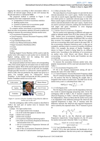 ISSN: 2277 – 9043
                             International Journal of Advanced Research in Computer Science and Electronics Engineering
                                                                                         Volume 1, Issue 6, August 2012

tagging the aliases according to their association orders to         5.1.1 Role of Anchor Texts
retrieve all relevant pages which in turn will increase the             The main objective of search engine is to provide the most
Recall and achieve a substantial MRR.                                relevant documents for a user’s query. Anchor texts play a
   The proposed method is outlined in Figure 3 and                   vital role in search engine algorithm because it is clickable
comprises four main components namely                                text which points to a particular relevant page on the web.
       Computation of word co-occurrence statistics                 Hence search engine considers anchor text as a main factor to
       Ranking anchor texts                                         retrieve relevant documents to the user’s query. Anchor texts
       Creation of anchor text co-occurrence graph                  are used in synonym extraction, ranking and classification of
       Discovery of association orders                              web pages and query translation in cross language
   To compute anchor texts-based co-occurrence measures,             information retrieval system.
there are nine co-occurrence statistics [9] used in anchor text      5.1.2 Anchor Texts Co-occurrence Frequency
mining to measure the associations between anchor texts:                The two anchor texts appearing in different web pages are
    Co-occurrence Frequency (CF)                                    called as inbound anchor texts [9] if they point to the same
    Term Frequency–Inverse Document Frequency (tfidf)               URL. Anchor texts co-occurrence frequency [9] between
    Chi Square (CS)                                                 anchor texts refers to the number of different URLs on which
    Log Likelihood Ratio (LLR)                                      they co-occur. For example, if p and x that are two anchor
    Point wise Mutual Information (PMI)                             texts are co-occurring, then p and x point to the same URL. If
    Hyper Geometric Distribution (HG)                               the co-occurrence frequency between p and x is that say an
    Cosine                                                          example k, and then p and x co-occur in k number of different
    Overlap                                                         URLs. For example, the picture of Sachin Tendulkar is
    Dice                                                            shown in Figure 4 which is being liked by six different
   Ranking Support Vector Machine will be used to rank the           anchor texts. According to the definition of co-occurrences
anchor texts with respect to each anchor text to identify the        on anchor texts, Little Master and Master Blaster are
highest ranking anchor text for making first order                   co-occurring. As well, The Sachin and Tendulkar are also
associations among anchor texts.                                     co-occurring.
5.1 Co-occurrences in Anchor Texts                                   5.1.3 Word Co-occurrence Statistics
   The proposed method will first retrieve all corresponding            To measure the association between anchor texts, nine
URLs from search engine for all anchor texts in which name           popular measurements will be used and calculated from the
and aliases appear. Most of the search engines provide search        Table 1.
operators to search in anchor texts on the web. For example,         5.1.3.1 Co-occurrence Frequency (CF)
Google provides Inanchor or Allinanchor search operator to              CF [9] is the simplest measurement among all and it
retrieve URLs that are pointed by the anchor text given as a         denotes the value of k in the Table 1.
query. For example, query on ―Allinanchor: Sachin                    5.1.3.2 Term Frequency–Inverse Document Frequency (tfidf)
Tendulkar” to the Google will provide all URLs pointed by               The CF is biased towards highly frequent words. But tfidf
Sachin Tendulkar anchor text on the web.                             [9, 14] resolves the bias by reducing the weight, that is,
                                                                     assigned to the words on anchor texts. The tfidf score for the
                                                Master Blaster
                                                                     anchor texts p and x is calculated from Table 1 as
   Little master
                                                                                                            N 
                                                                                     tfidf  p,x  = klog        ........... 1
                                                                                                            K+1 
          Sachin                                 God of Cricket      5.1.3.3 Chi Square (CS)
                                                                        The Chi Square [9] is used to test the dependence between
                                                                     two words in natural language processing tasks. Given the
      Tendulkar                                 Tendlya              contingency table in Table 1, the X2 measure compares the
                                                                     observed frequency in Table 1 with the expected frequency
                                                                     for independence. Then it is likely that the anchor texts p and
 Figure 4: A picture of Sachin Tendulkar being linked by different
                      anchor texts on the web                        x are dependent if the difference between the observed and
                                                                     expected frequencies is large. The X2 measure sums the
   Next the contingency table will be created as described in        difference between the observed and expected frequencies
Table.1 for each pair of anchor texts to measure their               and is scaled by the expected values. The X2 measure is given
strength. There in                                                   as
   x and p : two input anchor texts.
   C       : set of input anchor texts except p                                                (Oij  Eij )2
                                                                                                             ...........  2
                                                                                          2
                                                                                         X =
   V       : set of all words that appear in anchor texts                                   ij     Eij
   C-{x} : anchor texts except x
   V-{p} : anchor texts except p                                        Where Oij and Eij are the observed and expected
   K       : co-occurrence frequency between p and x                 frequencies respectively. Using Equation (2), the X2 score
   n       : sum of the co-occurrence frequencies between p          for anchor texts p and x from the Table 1 is as follows
                                                                                         N k  N  K nk  nk  K k 
              and all anchor texts in C.                                                                                     2
   K       : sum of co-occurrence frequencies between all                CS  p, x  =                                               ...........  3
                                                                                                  nK ( N  K )( N n)
              words in V and x
                                                                     5.1.3.4 Log Likelihood Ratio (LLR)
   N       : sum of the co-occurrence frequencies between               LLR [9, 15] is the ratio between the likelihoods of two
              all words in V and all anchor texts in C.              alternative hypotheses: that the texts p and x are independent
                                                                                                                                                        62
                                                All Rights Reserved © 2012 IJARCSEE
 