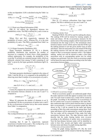 ISSN: 2277 – 9043
                                   International Journal of Advanced Research in Computer Science and Electronics Engineering
                                                                                               Volume 1, Issue 6, August 2012

or they are dependent. LLR is calculated using the Table 1 as                                                            k
                                                                                              overlap ( p, x)                   ........... 12 
                                                                                                                    min  n, K 
follows
                      kN               ( n -k ) N                 N ( K -k )
 LLR ( p, x )  k log      n-k  log             ( K - k ) log            +
                      nK               n( N - K )                 K ( N -n )       5.1.3.9 Dice
                                   N ( N - K -n  k )                                 Dice [9, 17] retrieves collocations from large textual
               N - K -nk  log                      ...........  4             corpora. The Dice is defined over two sets X and Y as
                                   ( N - K )( N -n)
                                                                                                                    2 X Y
                                                                                                  Dice( X , Y )                ........... 13
                                                                                                                      X  Y
5.1.3.5 Point wise Mutual Information (PMI)
                                                                                                                       2k
   PMI [9, 16] reflects the dependence between two                                                 Dice( p, x)               ........... 14 
probabilistic events. The PMI is defined for y and z events as                                                       nK
                                  P( y, z )                                      5.2 Ranking Anchor Texts
              PMI  y,z  = log                  ...........  5 
                               2  P( y) P( z ) 
                                                
                                                                                      Ranking SVM [9, 18] will be used for ranking the aliases.
                                                                                   The ranking SVM will be trained by training samples of
  Where P(y) and P(z), respectively, represent the                                 name and aliases. All the co-occurrence measures for the
probability of events y and z. Whereas P(y, z) is the joint                        anchor texts of the training samples will be found and will be
probability of y and z. The PMI is calculated from Table 1 as                      normalized into the range of [0-1]. The normalized values
                                      kN 
                  PMI  y,z  = log        ...........  6                       termed as feature vectors will be used to train the SVM to get
                                   2  Kn 
                                                                                  the ranking function to test the given anchor texts of name
5.1.3.6 Hyper Geometric Distribution (HG)                                          and aliases. Then for each anchor text, the trained SVM using
   Hyper Geometric distribution [9, 16] is a discrete                              the ranking function will rank the other anchor texts with
probability distribution that represents the number of                             respect to their co-occurrence measures with it. The highest
successes in a sequence of draws from a finite population                          ranking anchor text will be elected to make a first–order
without replacement. For example, the probability of the                           association with its corresponding anchor text for which
event that ―k red balls are contained among n balls, which are                     ranking was performed. Next the word co-occurrence graph
arbitrarily selected from among N balls containing K red                           will be drawn for name and aliases according to the first order
balls‖ is given by the hyper geometric distribution hg(N, K,                       associations between them.
n, k) as
                                                                                                             Sachin Tendulkar
                                  K  N  K 
                                           
                                   k  nk 
         hg  N , K ,n,k      =               ...........  7 
                                       N
                                                                                        Little Master                                            Master
                                      n 
                                                                                                                                                   Blaster
  The hyper geometric distribution is applied to the values of
Table 1 and the HG (p, x) is computed as the probability of                                   Member of                               Cricket
observing more than k number of co-occurrences of p and x.                                    Parliament
                                                                
           HG ( p, x )  - log 2   hg ( N , K ,n,l 
                                                    
                                  i k                                                       Mumbai                                 Sports
         max 0, N  K -n  l  min n, K  ........... 8 
                                                                                               Indians

5.1.3.7 Cosine                                                                        Figure 5: Word Co-occurrence graph for a personal name “Sachin
   Cosine [9] computes the association between anchor texts.                                                   Tendulkar”
The association between elements in two sets X and Y is                            5.3 Word Co-occurrence Graph
computed as                                                                           Word co-occurrence graph is an undirected graph where
                                   X Y                                            the nodes represent words that appear in anchor texts on the
              cosine(x,y)                                ...........  9
                                              X     Y                              web. For each word in anchor text, a node will be created in
   Where |X| represents the number of elements in set X.                           the graph. According to the definition of co-occurrences if
Considering X be the co-occurrences of anchor texts x and Y                        the two anchor texts co-occur in pointing to the same URL,
be the co-occurrences of anchor text p, then cosine measure                        then undirected edge will be drawn between them to denote
from Table 1 is computed as                                                        their co-occurrences. A word co-occurrence graph like that
                                                                                   shown in Fig 3 will be created for the name and aliases
            cosine( p, x)  k       ........... 10                               according to their first order associations among them. Each
                              n K
5.1.3.8 Overlap                                                                    name and aliases will be represented by a node in the graph.
The overlap [9] between two sets X and Y is defined as                             The two nodes will be connected if they make first order
                                                                                   associations between them. The edge between nodes will
                                         X Y
             overlap ( x, y )                            ........... 11         describe that the nodes bearing anchor texts co-occur
                                          
                                    min X Y                                       according to the definition of anchor texts co-occurrences.
                                                                                   Next the hop distance between nodes will be identified in
  Assuming that X and Y, respectively, represent
                                                                                   order to have first, second, and higher order associations
occurrences of anchor texts p and x. The overlap of (p, x) to
                                                                                   between name and aliases by graph mining algorithm.
evaluate the appropriateness is defined as
                                                                                   5.4 Discovery of Association Orders
                                                                                      Using the graph mining algorithm [19, 20], the word
                                                                                   co-occurrence graph will be mined to find the hop distances
                                                                                                                                                             63
                                                                All Rights Reserved © 2012 IJARCSEE
 