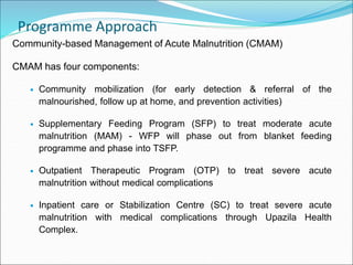 Programme Approach
Community-based Management of Acute Malnutrition (CMAM)
CMAM has four components:
 Community mobilization (for early detection & referral of the
malnourished, follow up at home, and prevention activities)
 Supplementary Feeding Program (SFP) to treat moderate acute
malnutrition (MAM) - WFP will phase out from blanket feeding
programme and phase into TSFP.
 Outpatient Therapeutic Program (OTP) to treat severe acute
malnutrition without medical complications
 Inpatient care or Stabilization Centre (SC) to treat severe acute
malnutrition with medical complications through Upazila Health
Complex.
 