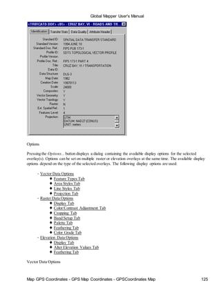Map GPS Coordinates - GPS Map Coordinates - GPSCoordinates Map 125
Global Mapper User's Manual
Options
Pressing the Options... button displays a dialog containing the available display options for the selected
overlay(s). Options can be set on multiple raster or elevation overlays at the same time. The available display
options depend on the type of the selected overlays. The following display options are used:
• Vector Data Options
♦ Feature Types Tab
♦ Area Styles Tab
♦ Line Styles Tab
♦ Projection Tab
• Raster Data Options
♦ Display Tab
♦ Color/Contrast Adjustment Tab
♦ Cropping Tab
♦ Band Setup Tab
♦ Palette Tab
♦ Feathering Tab
♦ Color Grade Tab
• Elevation Data Options
♦ Display Tab
♦ Alter Elevation Values Tab
♦ Feathering Tab
Vector Data Options
 