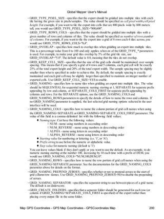 Map GPS Coordinates - GPS Map Coordinates - GPSCoordinates Map 200
Global Mapper User's Manual
• GRID_TYPE_PIXEL_SIZE - specifies that the export should be gridded into multiple tiles with each
tile having the given size in pixels/samples. The value should be specified as cell pixel width,cell pixel
height. For example, if you want to tile the export into cells that are 800 pixels wide by 600 meters
tall, you would use GRID_TYPE_PIXEL_SIZE="800,600".
• GRID_TYPE_ROWS_COLS - specifies that the export should be gridded into multiple tiles with a
given number of rows and columns of tiles. The value should be specified as number of rows,number
of columns. For example,if you want to tile the export into a grid of 8 rows each 4 tiles across,you
would use GRID_TYPE_ROWS_COLS="8,4".
• GRID_OVERLAP - specifies how much to overlap tiles when gridding an export into multiple tiles.
This is a percentage value from 0 to 100 and only applies when on of the GRID_TYPE_* parameters
is used. For example, to make your grid tiles overlap by 5% of the grid tile size, use
GRID_OVERLAP="5.0". The default value is 0.0, meaning that the tiles do not overlap.
• GRID_KEEP_CELL_SIZE- specifies that the size of the grid cells should be maintained over sample
spacing. This means that if you specify a grid of 4 rows and 5 columns, each grid cell will be exactly
25% of the total export height and 20% of the total export width. The sample spacing may be slightly
smaller than what is specified in order to achieve this. By default, the sample spacing is exactly
maintained and each grid cell may be slightly larger than specified to maintain an integer number of
exported cells. Use GRID_KEEP_CELL_SIZE=YES to enable.
• GRID_NAMING - specifies how to name tiles when gridding an export into multiple tiles. The value
should be SEQUENTIAL for sequential numeric naming starting at 1, SEPARATE for separate prefix
appending by row and column, or SEPARATE_COLS_FIRST for separate prefix appending by
columns and rows. For the SEPARATE options, use the GRID_NAMING_COLS and
GRID_NAMING_ROWS parametersto specify the details of how to name the rows and columns. If
no GRID_NAMINGparameter is supplied, the last selected grid naming options selected in the user
interface will be used.
• GRID_NAMING_COLS - specifies how to name the column portion of grid cell names when using
the GRID_NAMING=SEPARATE or GRID_NAMING=SEPARATE_COLS_FIRST parameter.The
value of this field is a comma-delimited list with the following field values:
♦ Naming type. Can have the following values:
◊ NUM - name using numbers in ascending order
◊ NUM_REVERSE - name using numbers in descending order
◊ ALPHA - name using letters in ascending order
◊ ALPHA_REVERSE - name using letters in descending order
♦ Starting value for numbering or lettering (i.e. '1', or 'A').
♦ Prefix string to use before the numeric or alphabetic value.
♦ Step value for numeric naming (default is '1')
You can leave values blank if they don't apply or you want to use the default. As an example, to do
numeric naming starting at the number 100, increasing by 10 each time with a prefix of DEM, you
would use GRID_NAMING_COLS="NUM,100,DEM,10".
• GRID_NAMING_ROWS - specifies how to name the row portion of grid cell names when using the
GRID_NAMING=SEPARATE parameter. See the documentation for the GRID_NAMING_COLS
parameter above for details on the format.
• GRID_NAMING_PREPEND_ZEROES - specifies whether or not to prepend zeroes to the start of
grid column/row names. Use GRID_NAMING_PREPEND_ZEROES=NO to disable the prepending
of zeroes.
• GRID_NAMING_SEPARATOR - specifies the separator string to use between pieces of a grid name.
The default is an underscore.
• GRID_CREATE_FOLDERS - specifies that a separate folder should be generated for each row (or
column if GRID_NAMING=SEPARATE_COLS_FIRST is specified) of the export rather than
placing every output file in the same folder.
 