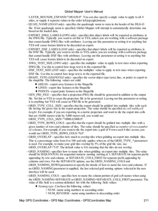 Map GPS Coordinates - GPS Map Coordinates - GPSCoordinates Map 211
Global Mapper User's Manual
LAYER_BOUNDS_EXPAND="100.0,50.0". You can also specify a single value to apply to all 4
sides, or supply 4 separate values in the order left,top,right,bottom.
• QUAD_NAME (DLGO only) - specifies the quadrangle name to store in the header of the DLG-O
file. If not quadrangle name is specified, Global Mapper will attempt to automatically determine one
based on the loaded data.
• EXPORT_DWG_LABELS (DWG only) - specifies that object labels will be exported as attributes in
the DWGfile. Typically you want to set this to YES, unless you are working with a software package
that cannot handle DWG files with attributes. Leaving out this parameter or setting it to anything but
YES will cause feature labels to be discarded on export.
• EXPORT_DXF_LABELS (DXF only) - specifies that object labels will be exported as attributes in
the DXF file. Typically you want to set this to YES, unless you are working with a software package
that cannot handle DXF files with attributes. Leaving out this parameter or setting it to anything but
YES will cause feature labels to be discarded on export.
• DWG_TEXT_SIZE (DWG only) - specifies the multiplier value to apply to text sizes when exporting
DWG file. Use this to control how large text is in the exported file.
• DXF_TEXT_SIZE (DXF only) - specifies the multiplier value to apply to text sizes when exporting
DXF file. Use this to control how large text is in the exported file.
• SHAPE_TYPE (SHAPEFILE only) - specifies the vector object type (area,line, or point) to export to
the shapefile. The following values are valid:
♦ AREAS - export area features to the Shapefile
♦ LINES - export line features to the Shapefile
♦ POINTS - export point features to the Shapefile
• GEN_PRJ_FILE - specifies that a projection (PRJ) file should be generated in addition to the output
file. Set this to YES to cause the projection file to be generated. Leaving out this parameter or setting
it to anything but YES will cause no PRJ file to be generated.
• GRID_TYPE_CELL_SIZE- specifies that the export should be gridded into multiple tiles with each
tile having the given size in the export projection. The value should be specified as cell width,cell
height. For example, if you are exporting in a metric projection and want to tile the export into cells
that are 10,000 meters wide by 5,000 meters tall, you would use
GRID_TYPE_CELL_SIZE="10000.0,5000.0".
• GRID_TYPE_ROWS_COLS - specifies that the export should be gridded into multiple tiles with a
given number of rows and columns of tiles. The value should be specified as number of rows,number
of columns. For example,if you want to tile the export into a grid of 8 rows each 4 tiles across,you
would use GRID_TYPE_ROWS_COLS="8,4".
• GRID_OVERLAP - specifies how much to overlap tiles when gridding an export into multiple tiles.
This is a percentage value from 0 to 100 and only applies when on of the GRID_TYPE_* parameters
is used. For example, to make your grid tiles overlap by 5% of the grid tile size, use
GRID_OVERLAP="5.0". The default value is 0.0, meaning that the tiles do not overlap.
• GRID_NAMING - specifies how to name tiles when gridding an export into multiple tiles. The value
should be SEQUENTIAL for sequential numeric naming starting at 1, SEPARATE for separate prefix
appending by row and column, or SEPARATE_COLS_FIRST for separate prefix appending by
columns and rows. For the SEPARATE options, use the GRID_NAMING_COLS and
GRID_NAMING_ROWS parametersto specify the details of how to name the rows and columns. If
no GRID_NAMINGparameter is supplied, the last selected grid naming options selected in the user
interface will be used.
• GRID_NAMING_COLS - specifies how to name the column portion of grid cell names when using
the GRID_NAMING=SEPARATE or GRID_NAMING=SEPARATE_COLS_FIRST parameter.The
value of this field is a comma-delimited list with the following field values:
♦ Naming type. Can have the following values:
◊ NUM - name using numbers in ascending order
◊ NUM_REVERSE - name using numbers in descending order
 