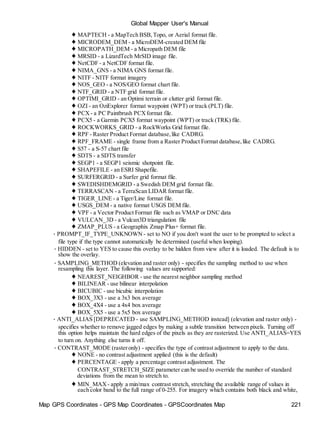 Map GPS Coordinates - GPS Map Coordinates - GPSCoordinates Map 221
Global Mapper User's Manual
♦ MAPTECH - a MapTech BSB,Topo, or Aerial format file.
♦ MICRODEM_DEM - a MicroDEM-created DEM file
♦ MICROPATH_DEM - a Micropath DEM file
♦ MRSID - a LizardTech MrSID image file.
♦ NetCDF - a NetCDF format file.
♦ NIMA_GNS - a NIMA GNS format file.
♦ NITF - NITF format imagery
♦ NOS_GEO - a NOS/GEO format chart file.
♦ NTF_GRID - a NTF grid format file.
♦ OPTIMI_GRID - an Optimi terrain or clutter grid format file.
♦ OZI - an OziExplorer format waypoint (WPT) or track (PLT) file.
♦ PCX - a PC Paintbrush PCXformat file.
♦ PCX5 - a Garmin PCX5 format waypoint (WPT) or track (TRK) file.
♦ ROCKWORKS_GRID - a RockWorks Grid format file.
♦ RPF - Raster Product Format database,like CADRG.
♦ RPF_FRAME - single frame from a Raster Product Format database,like CADRG.
♦ S57 - a S-57 chart file
♦ SDTS - a SDTS transfer
♦ SEGP1 - a SEGP1 seismic shotpoint file.
♦ SHAPEFILE - an ESRI Shapefile.
♦ SURFERGRID - a Surfer grid format file.
♦ SWEDISHDEMGRID - a Swedish DEM grid format file.
♦ TERRASCAN - a TerraScan LIDAR format file.
♦ TIGER_LINE - a Tiger/Line format file.
♦ USGS_DEM - a native format USGS DEM file.
♦ VPF - a Vector Product Format file such as VMAP or DNC data
♦ VULCAN_3D - a Vulcan3D triangulation file
♦ ZMAP_PLUS - a Geographix Zmap Plus+ format file.
• PROMPT_IF_TYPE_UNKNOWN - set to NO if you don't want the user to be prompted to select a
file type if the type cannot automatically be determined (useful when looping).
• HIDDEN - set to YES to cause this overlay to be hidden from view after it is loaded. The default is to
show the overlay.
• SAMPLING_METHOD (elevation and raster only) - specifies the sampling method to use when
resampling this layer. The following values are supported:
♦ NEAREST_NEIGHBOR - use the nearest neighbor sampling method
♦ BILINEAR - use bilinear interpolation
♦ BICUBIC - use bicubic interpolation
♦ BOX_3X3 - use a 3x3 box average
♦ BOX_4X4 - use a 4x4 box average
♦ BOX_5X5 - use a 5x5 box average
• ANTI_ALIAS [DEPRECATED - use SAMPLING_METHOD instead] (elevation and raster only) -
specifies whether to remove jagged edges by making a subtle transition between pixels. Turning off
this option helps maintain the hard edges of the pixels as they are rasterized. Use ANTI_ALIAS=YES
to turn on. Anything else turns it off.
• CONTRAST_MODE (rasteronly) - specifies the type of contrast adjustment to apply to the data.
♦ NONE - no contrast adjustment applied (this is the default)
♦ PERCENTAGE - apply a percentage contrast adjustment. The
CONTRAST_STRETCH_SIZE parameter can be used to override the number of standard
deviations from the mean to stretch to.
♦ MIN_MAX - apply a min/max contrast stretch, stretching the available range of values in
each color band to the full range of 0-255. For imagery which contains both black and white,
 