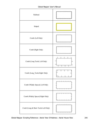 Global Mapper User's Manual
Global Mapper Scripting Reference - Aerial View Of Address - Aerial House View 245
Railroad
Striped
Comb (Left Only)
Comb (Right Only)
Comb (Long Teeth, Left Only)
Comb (Long_Teeth,Right Only)
Comb (Widely Spaced, Left Only)
Comb (Widely Spaced, Right Only)
Comb (Long & Short Teeth,Left Only)
 