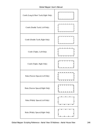 Global Mapper User's Manual
Global Mapper Scripting Reference - Aerial View Of Address - Aerial House View 246
Comb (Long & Short Teeth,Right Only)
Comb (Double Teeth, Left Only)
Comb (Double Teeth, Right Only)
Comb (Triplet, Left Only)
Comb (Triplet, Right Only)
Rake (Narrow Spaced,Left Only)
Rake (Narrow Spaced,Right Only)
Rake (Widely Spaced,Left Only)
Rake (Widely Spaced,Right Only)
 