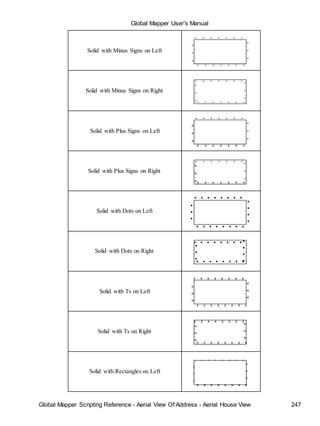 Global Mapper User's Manual
Global Mapper Scripting Reference - Aerial View Of Address - Aerial House View 247
Solid with Minus Signs on Left
Solid with Minus Signs on Right
Solid with Plus Signs on Left
Solid with Plus Signs on Right
Solid with Dots on Left
Solid with Dots on Right
Solid with Ts on Left
Solid with Ts on Right
Solid with Rectangles on Left
 
