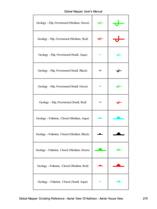 Global Mapper User's Manual
Global Mapper Scripting Reference - Aerial View Of Address - Aerial House View 270
Geology - Dip, Overturned (Medium, Green)
Geology - Dip, Overturned (Medium, Red)
Geology - Dip, Overturned (Small, Aqua)
Geology - Dip, Overturned (Small, Black)
Geology - Dip, Overturned (Small, Green)
Geology - Dip, Overturned (Small, Red)
Geology - Foliation, Closed (Medium, Aqua)
Geology - Foliation, Closed (Medium, Black)
Geology - Foliation, Closed (Medium, Green)
Geology - Foliation, Closed (Medium, Red)
Geology - Foliation, Closed (Small, Aqua)
 