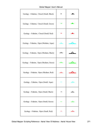Global Mapper User's Manual
Global Mapper Scripting Reference - Aerial View Of Address - Aerial House View 271
Geology - Foliation, Closed (Small, Black)
Geology - Foliation, Closed (Small, Green)
Geology - Foliation, Closed (Small, Red)
Geology - Foliation, Open (Medium, Aqua)
Geology - Foliation, Open (Medium, Black)
Geology - Foliation, Open (Medium, Green)
Geology - Foliation, Open (Medium, Red)
Geology - Foliation, Open (Small, Aqua)
Geology - Foliation, Open (Small, Black)
Geology - Foliation, Open (Small, Green)
Geology - Foliation, Open (Small, Red)
 