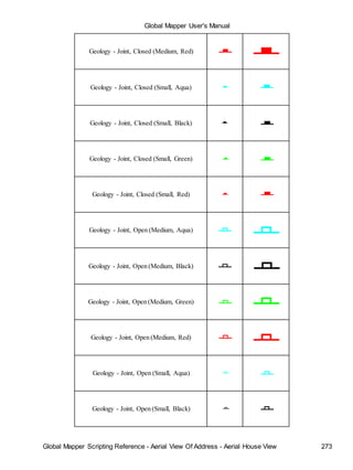 Global Mapper User's Manual
Global Mapper Scripting Reference - Aerial View Of Address - Aerial House View 273
Geology - Joint, Closed (Medium, Red)
Geology - Joint, Closed (Small, Aqua)
Geology - Joint, Closed (Small, Black)
Geology - Joint, Closed (Small, Green)
Geology - Joint, Closed (Small, Red)
Geology - Joint, Open (Medium, Aqua)
Geology - Joint, Open (Medium, Black)
Geology - Joint, Open (Medium, Green)
Geology - Joint, Open (Medium, Red)
Geology - Joint, Open (Small, Aqua)
Geology - Joint, Open (Small, Black)
 