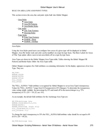 Global Mapper User's Manual
Global Mapper Scripting Reference - Aerial View Of Address - Aerial House View 275
BUILT-IN AREA,LINE AND POINT TYPES
This section reviews the area,line and point styles built into Global Mapper.
• Area Styles
♦ Area Types
♦ Area Fill Patterns
♦ Area Border Styles
• Line Styles
♦ Line Type Features
♦ Drawing Styles
• Point Styles
♦ Point Type Features
♦ Symbols - Basic
♦ Symbols - Geology
Area Styles
Using the Area Styles panel users can configure how areas of a given type will be displayed in Global
Mapper. Area fill, border style and color can be modified on a type-by-type basis. The Show Labels for Areas
of This Type option allows users to turn area labels off on a type-by-type basis.
Area Types are shown in the Global Mapper Area Types table. Tables showing the Global Mapper Fill
Patterns and Border Styles follow the Area Types table.
Global Mapper recognizes five field attributes as containing information for the display appearence of an Area
Type. They are:
GM_TYPE=
BORDER_COLOR=
BORDER_WIDTH=
BORDER_STYLE=
FILL_COLOR=
FILL_STYLE=
The "FILL_ALPHA=" field attribute is recognized by Global Mapper to set an Area Type's transparency.
Values for "FILL_ALPHA="range from 0 (Transparent) to 255 (Opaque). To determine the transparency
value setting simply multiply the percentage by 255 and round off to the nearest integer (e.g. 75%
transparency 0.75 x 255 = 191.25, use 191).
As an example, the default field attributes for the Anchorage Area Type are:
GM_TYPE=Anchorage Area
BORDER_COLOR=RGB(255,0,255)
BORDER_WIDTH=1
BORDER_STYLE=Comb (Right Only)
FILL_COLOR=RGB(255,0,255)
FILL_STYLE=No Fill
To change the type's transparency to 35% the FILL_ALPHA field attribute value should be set equal to 89
(0.35 x 255 = 89.25).
GM_TYPE=Anchorage Area
 