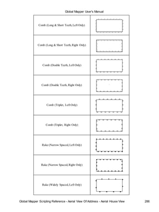 Global Mapper User's Manual
Global Mapper Scripting Reference - Aerial View Of Address - Aerial House View 286
Comb (Long & Short Teeth,Left Only)
Comb (Long & Short Teeth,Right Only)
Comb (Double Teeth, Left Only)
Comb (Double Teeth, Right Only)
Comb (Triplet, Left Only)
Comb (Triplet, Right Only)
Rake (Narrow Spaced,Left Only)
Rake (Narrow Spaced,Right Only)
Rake (Widely Spaced,Left Only)
 