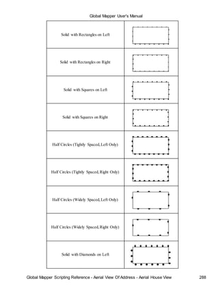 Global Mapper User's Manual
Global Mapper Scripting Reference - Aerial View Of Address - Aerial House View 288
Solid with Rectangles on Left
Solid with Rectangles on Right
Solid with Squares on Left
Solid with Squares on Right
Half Circles (Tightly Spaced,Left Only)
Half Circles (Tightly Spaced,Right Only)
Half Circles (Widely Spaced,Left Only)
Half Circles (Widely Spaced,Right Only)
Solid with Diamonds on Left
 