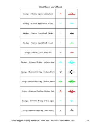 Global Mapper User's Manual
Global Mapper Scripting Reference - Aerial View Of Address - Aerial House View 310
Geology - Foliation, Open (Medium, Red)
Geology - Foliation, Open (Small, Aqua)
Geology - Foliation, Open (Small, Black)
Geology - Foliation, Open (Small, Green)
Geology - Foliation, Open (Small, Red)
Geology - Horizontal Bedding (Medium, Aqua)
Geology - Horizontal Bedding (Medium, Black)
Geology - Horizontal Bedding (Medium, Green)
Geology - Horizontal Bedding (Medium, Red)
Geology - Horizontal Bedding (Small, Aqua)
Geology - Horizontal Bedding (Small, Black)
 
