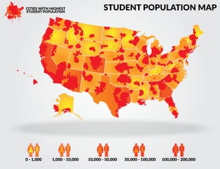 CITIES WITH HIGHEST
STUDENT POPULATION
STUDENT POPULATION MAP
0 - 1,000 100,000 - 200,00050,000 - 100,00010,000 - 50,0001,000 - 10,000
 