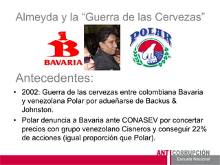 Escuela Nacional 
Almeyda y la “Guerra de las Cervezas” 
• 
2002: Guerra de las cervezas entre colombiana Bavaria y venezolana Polar por adueñarse de Backus & Johnston. 
• 
Polar denuncia a Bavaria ante CONASEV por concertar precios con grupo venezolano Cisneros y conseguir 22% de acciones (igual proporción que Polar). 
Antecedentes:  