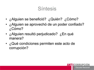 Escuela Nacional 
Síntesis 
• 
¿Alguien se benefició? ¿Quién? ¿Cómo? 
• 
¿Alguien se aprovechó de un poder confiado? ¿Cómo? 
• 
¿Alguien resultó perjudicado? ¿En qué manera? 
• 
¿Qué condiciones permiten este acto de corrupción?  