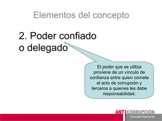 Escuela Nacional 
Elementos del concepto 
2. Poder confiado o delegado 
El poder que se utiliza proviene de un vínculo de confianza entre quien comete el acto de corrupción y terceros a quienes les debe responsabilidad. 
 